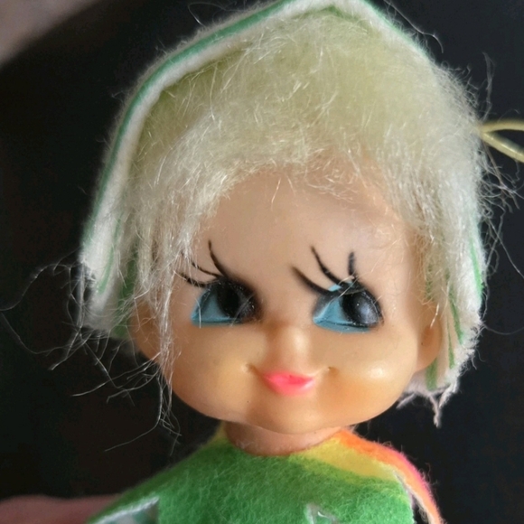 Vintage Japan Pixie Elf Ornament Blonde Striped Felt Body Retro 4" Kitsch - Picture 2 of 5